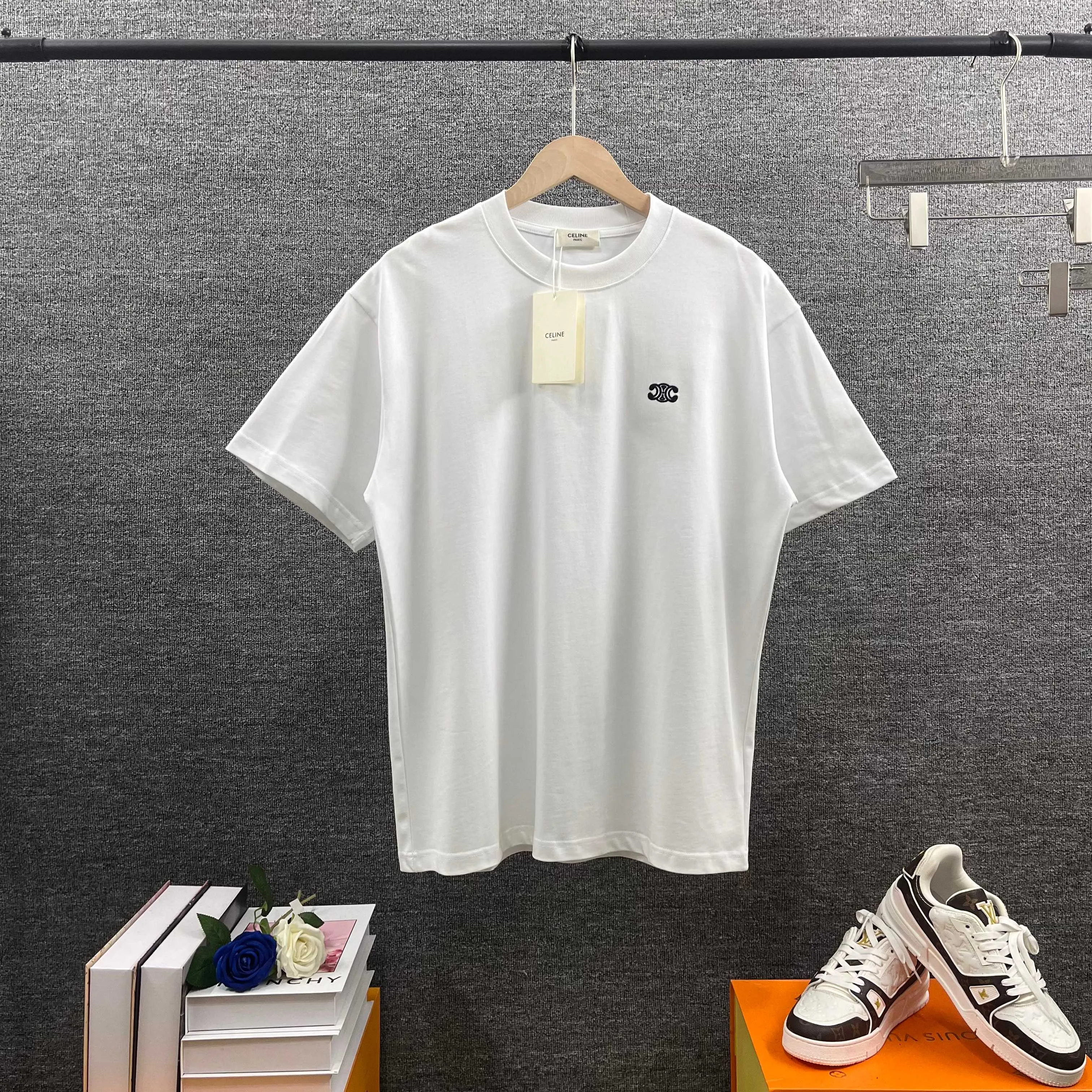 Ce*li* Ce*Lin 2026 spring and summer style Classic letter embroidery logo technology Double yarn custom plain cotton fabric Short-sleeved T-shirt Men and women Same Style Color: Black White Gray Wine Red Size: S (90-130 pounds) M (120-150 pounds) L (140-165 pounds) XL (160-180 pounds) XXL (180-210 pounds)